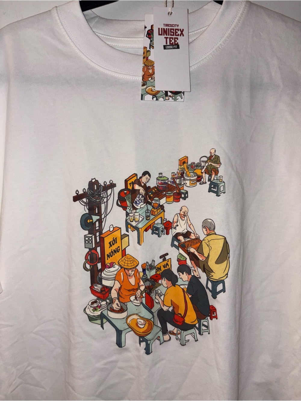 Unisex White Graphic Tee with Colorful Street Food Illustration